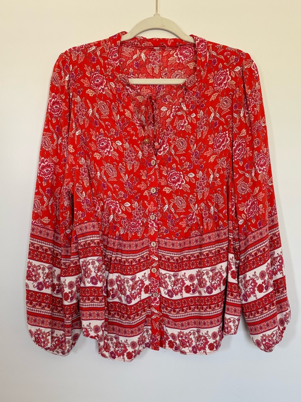 Boho Floral Button Down Blouse Red Peasant Shirt Cottagecore Festival Size XL